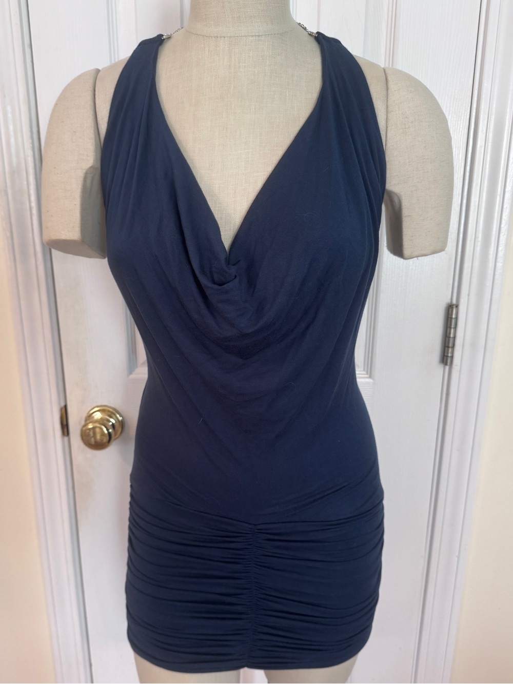 SKY Midnight Blue Rhinestone Chain Back Ruched Mini Dress XS NWT Y2K Party Vegas